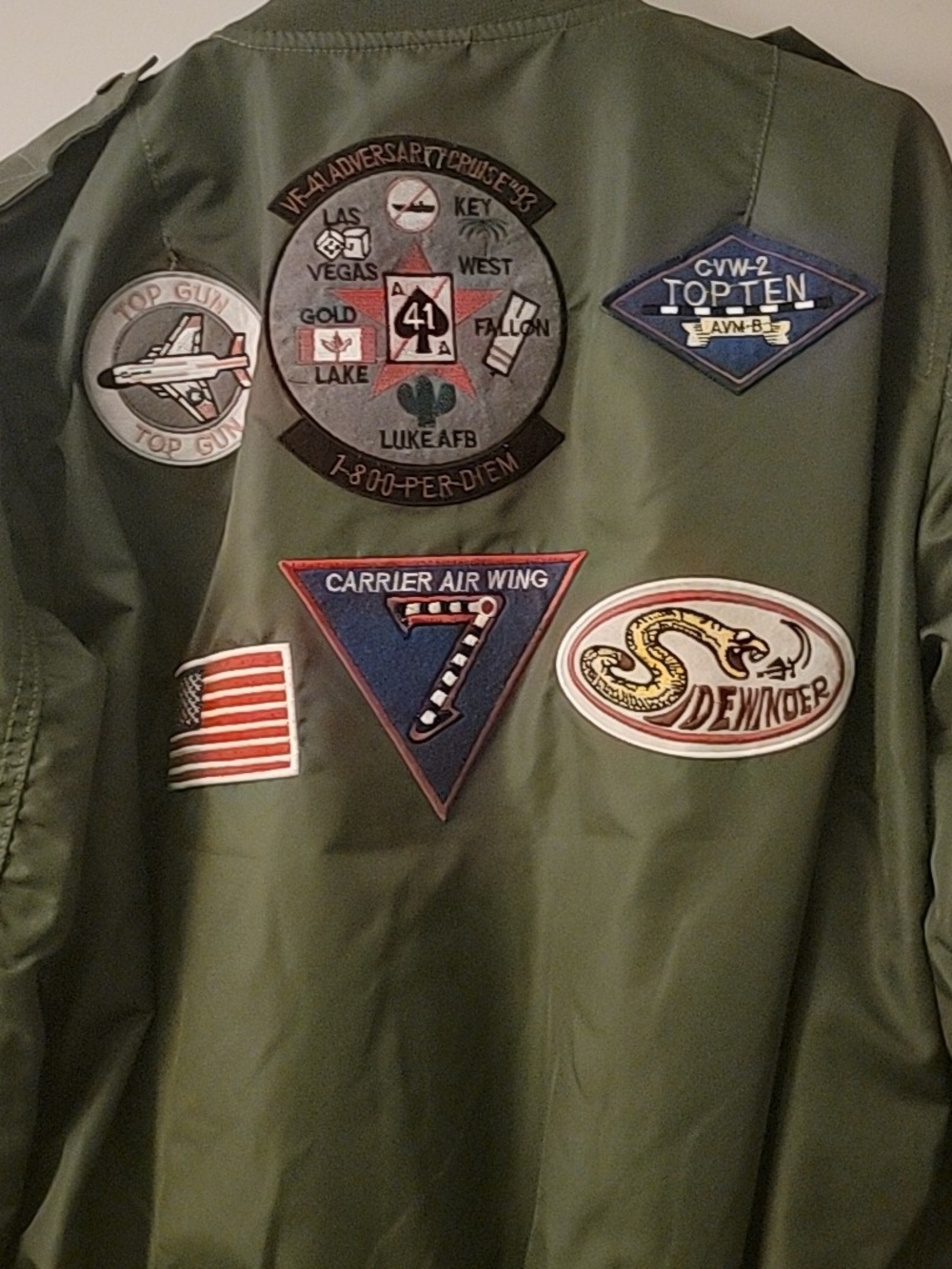 Black 41 Aces Olive Green Bomber Jacket with Patches - Picture 4 of 6